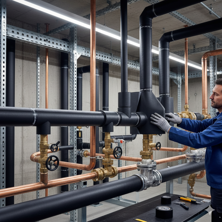 Kautschuk Isolierung Camper Graue Rolle Eurobatex neben braunem Karton von Union Foam.