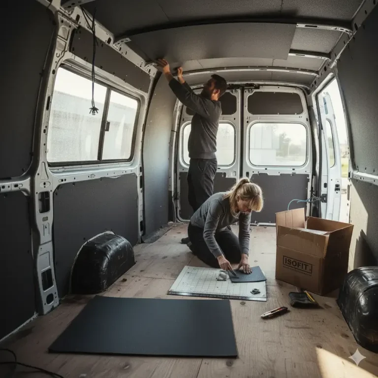 Armaflex Isolierung Camper Ausbau Mann arbeitet am Innenausbau eines Lieferwagens Armaflex