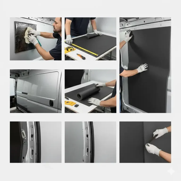 Armaflex Camper Ausbau Anleitung Anwendung von schwarzem Material zur Isolierung von Fahrzeugwänden.