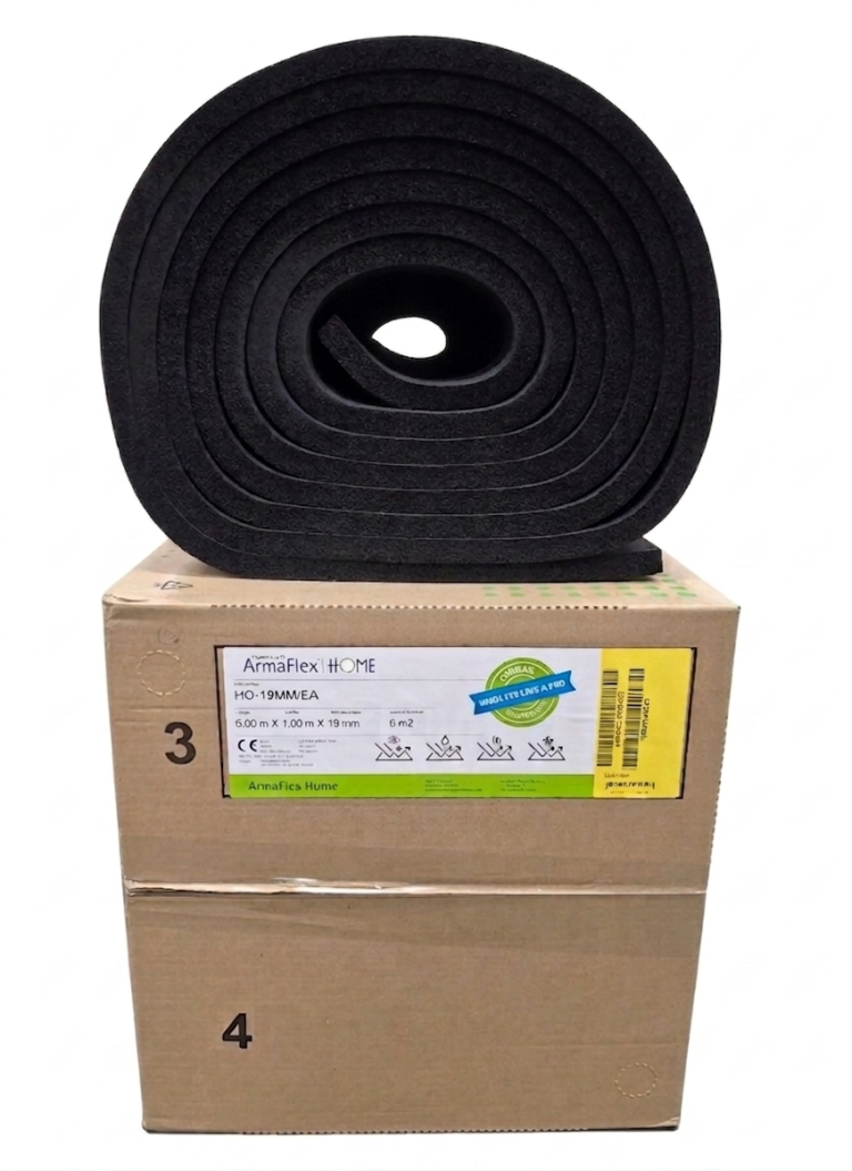 Kautschuk Isolierung Camper Graue Rolle Eurobatex neben braunem Karton von Union Foam.