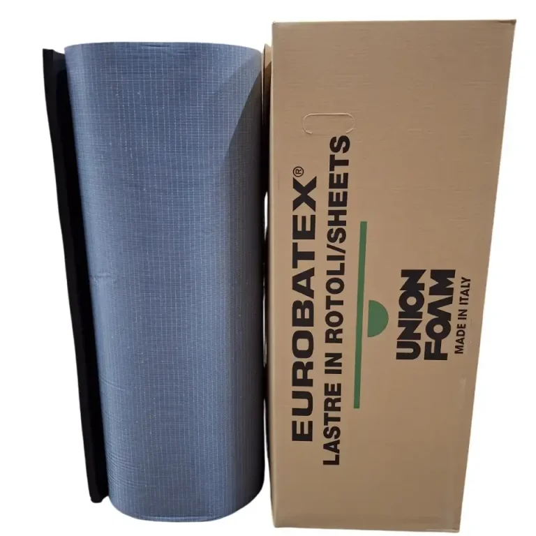 Kautschuk Isolierung Camper Graue Rolle Eurobatex neben braunem Karton von Union Foam.